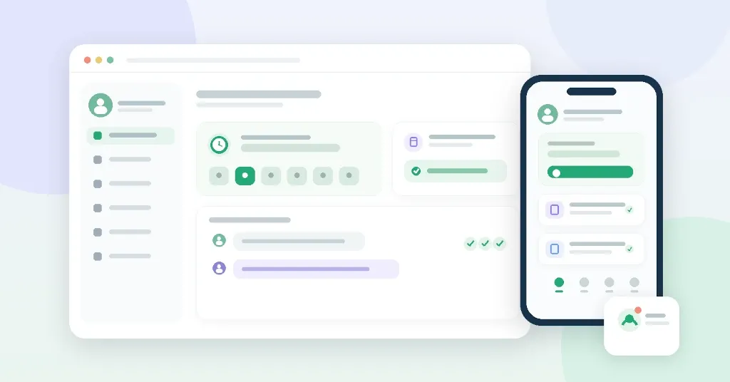 Portal del trabajador en computadora y móvil con horarios y solicitudes de vacaciones